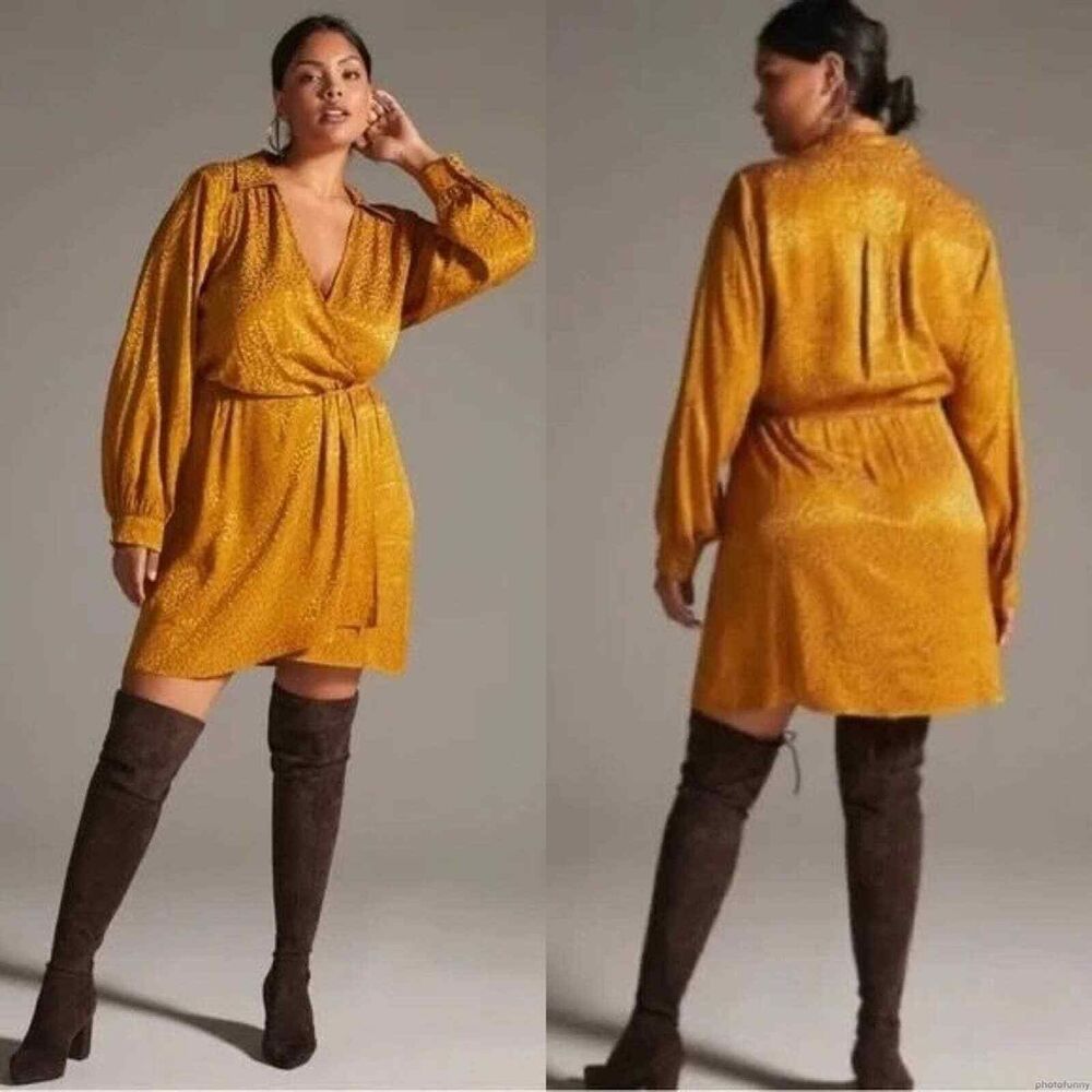 Anthropologie Wrap Shirt Dress 1X Plus Long Sleeve Boho Cocktail Chic Gold